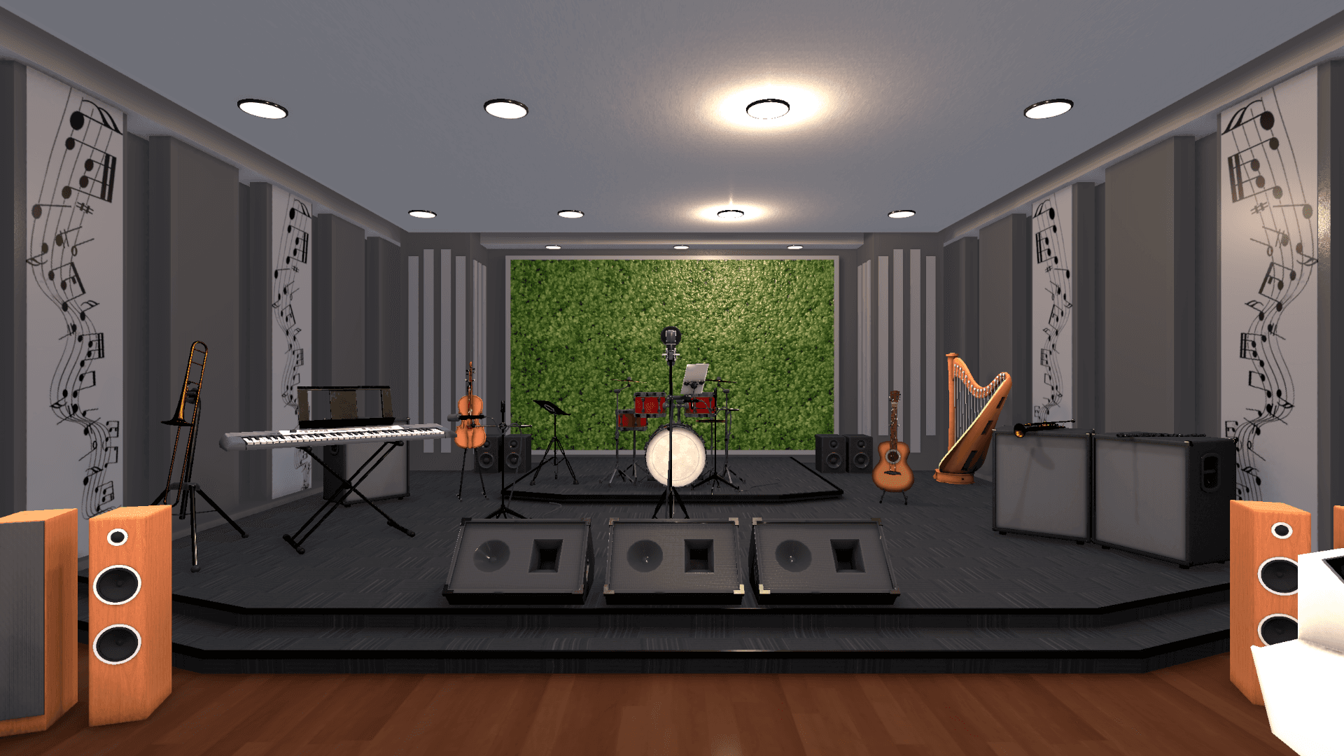RYMA's Studio A performance stage, with a full band setup