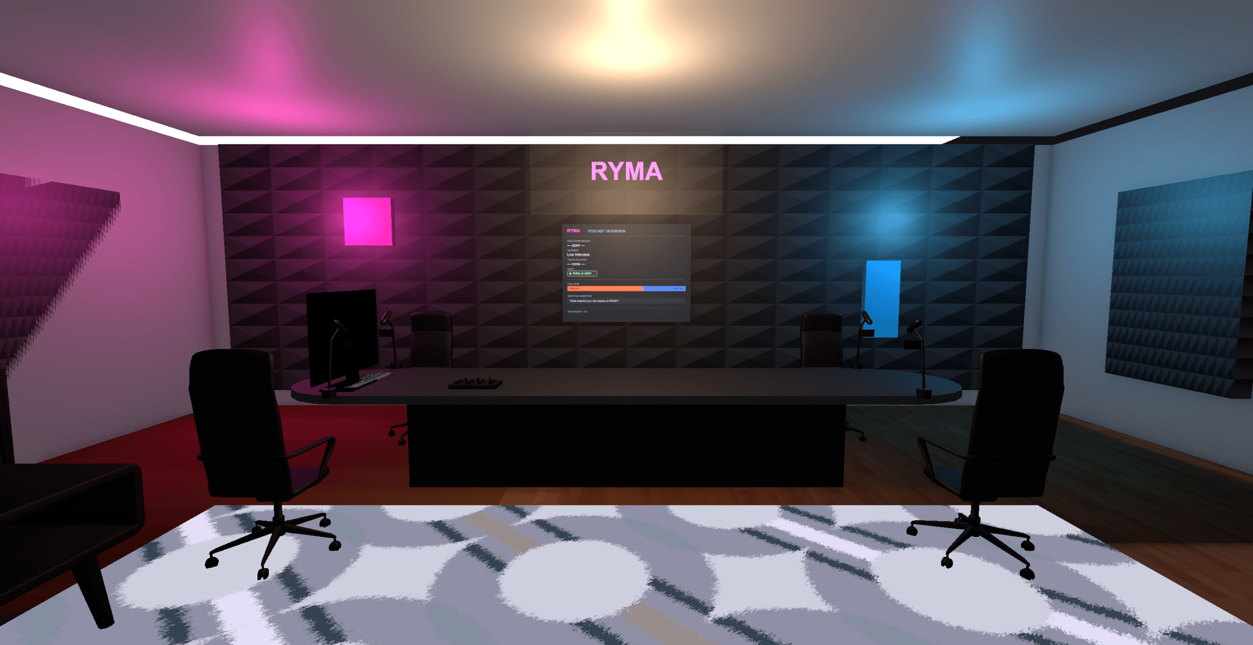 Podcast room with a two-seat interview desk and a live show overlay
