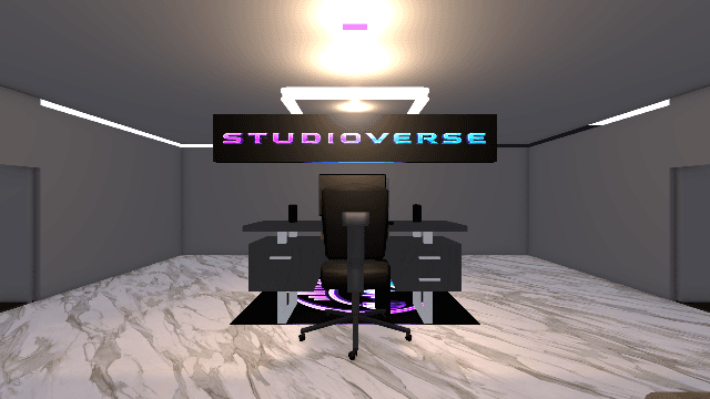 Reception, with a glowing neon sign over the front desk