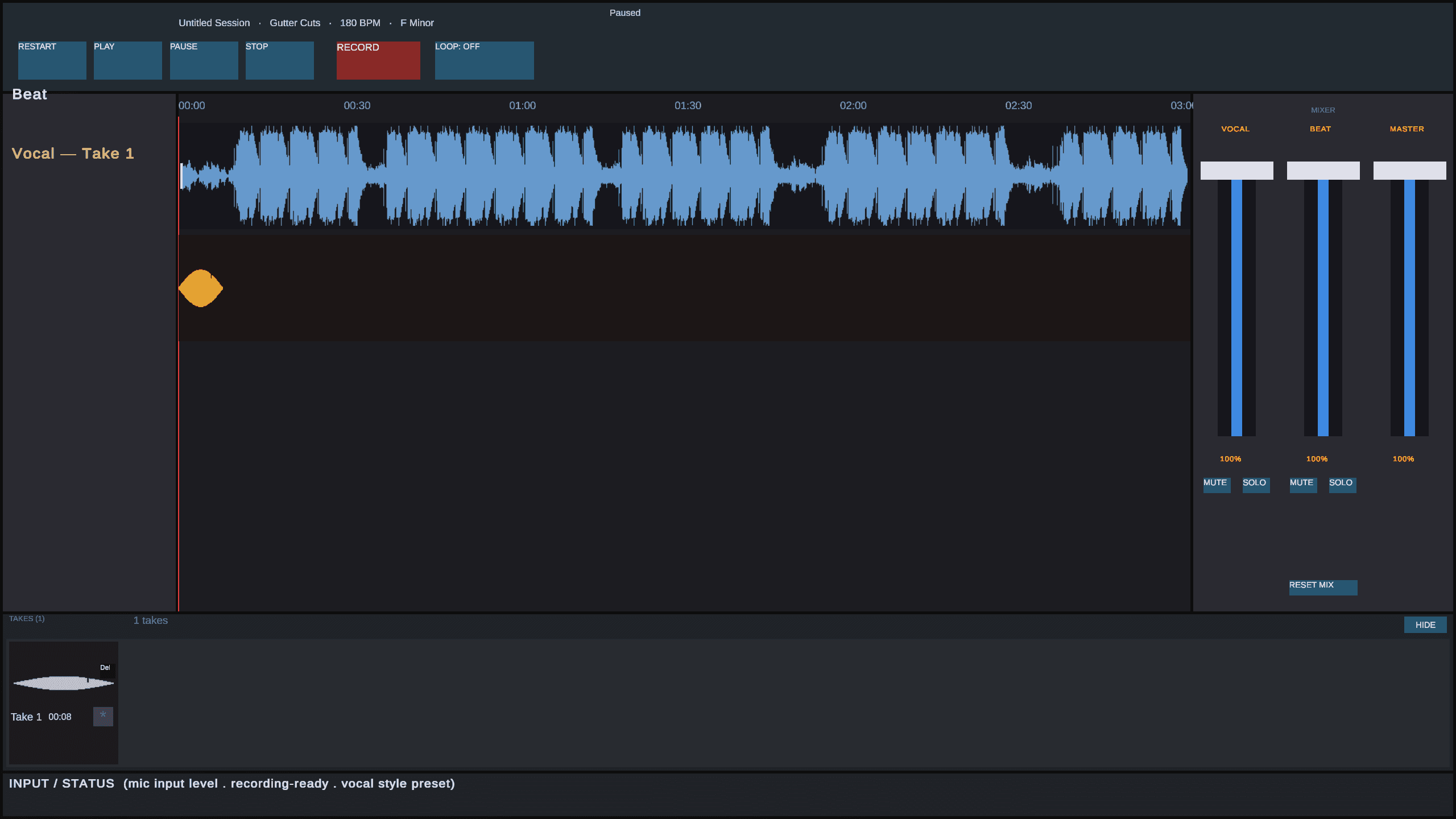 RYMA recording booth with a loaded beat, vocal take waveform, and mixer